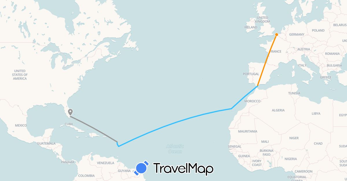 TravelMap itinerary: driving, plane, boat, hitchhiking in Dominica, Spain, France, Gibraltar, United States (Europe, North America)