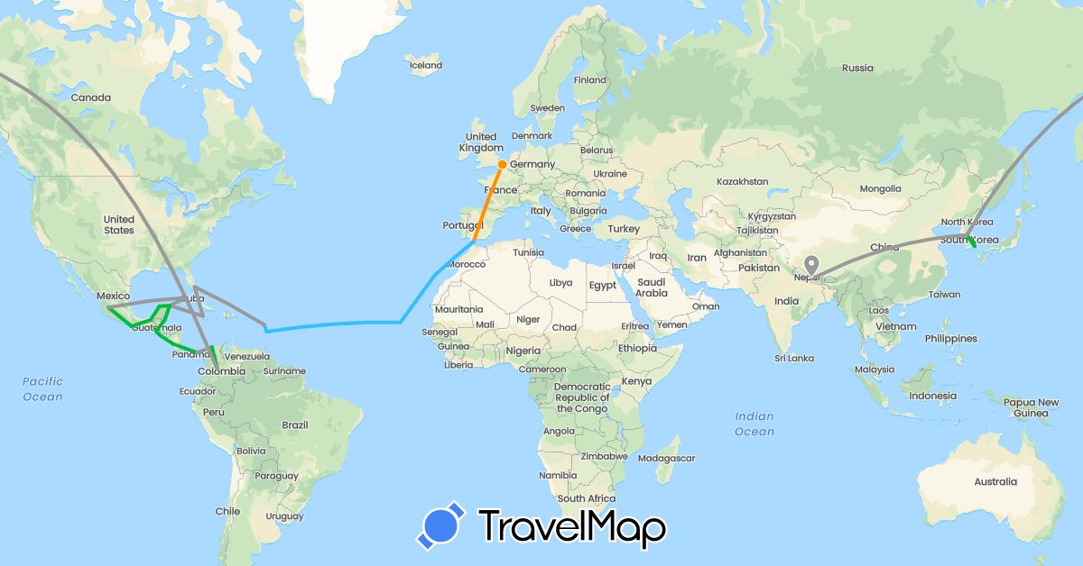 TravelMap itinerary: driving, bus, plane, boat, hitchhiking in Belize, Colombia, Cuba, Cape Verde, Spain, France, Gibraltar, Guatemala, Jamaica, South Korea, Mexico, Nicaragua, Nepal, Panama, El Salvador, United States (Africa, Asia, Europe, North America, South America)