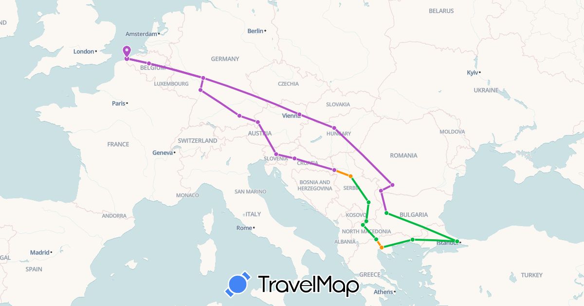 TravelMap itinerary: driving, bus, train, hitchhiking in Austria, Belgium, Bulgaria, Germany, Greece, Croatia, Hungary, Macedonia, Romania, Serbia, Slovenia, Turkey (Asia, Europe)