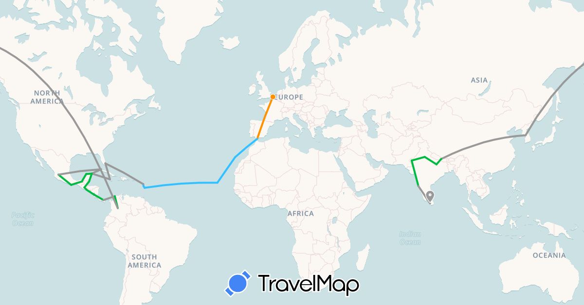 TravelMap itinerary: driving, bus, plane, boat, hitchhiking in Belize, Colombia, Cuba, Cape Verde, Dominica, Spain, France, Gibraltar, Guatemala, India, Jamaica, South Korea, Sri Lanka, Mexico, Nicaragua, Nepal, Panama, El Salvador, United States (Africa, Asia, Europe, North America, South America)