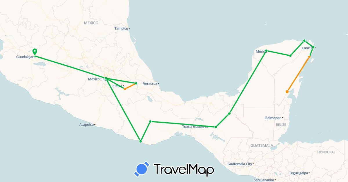 TravelMap itinerary: driving, bus, hitchhiking in Mexico (North America)